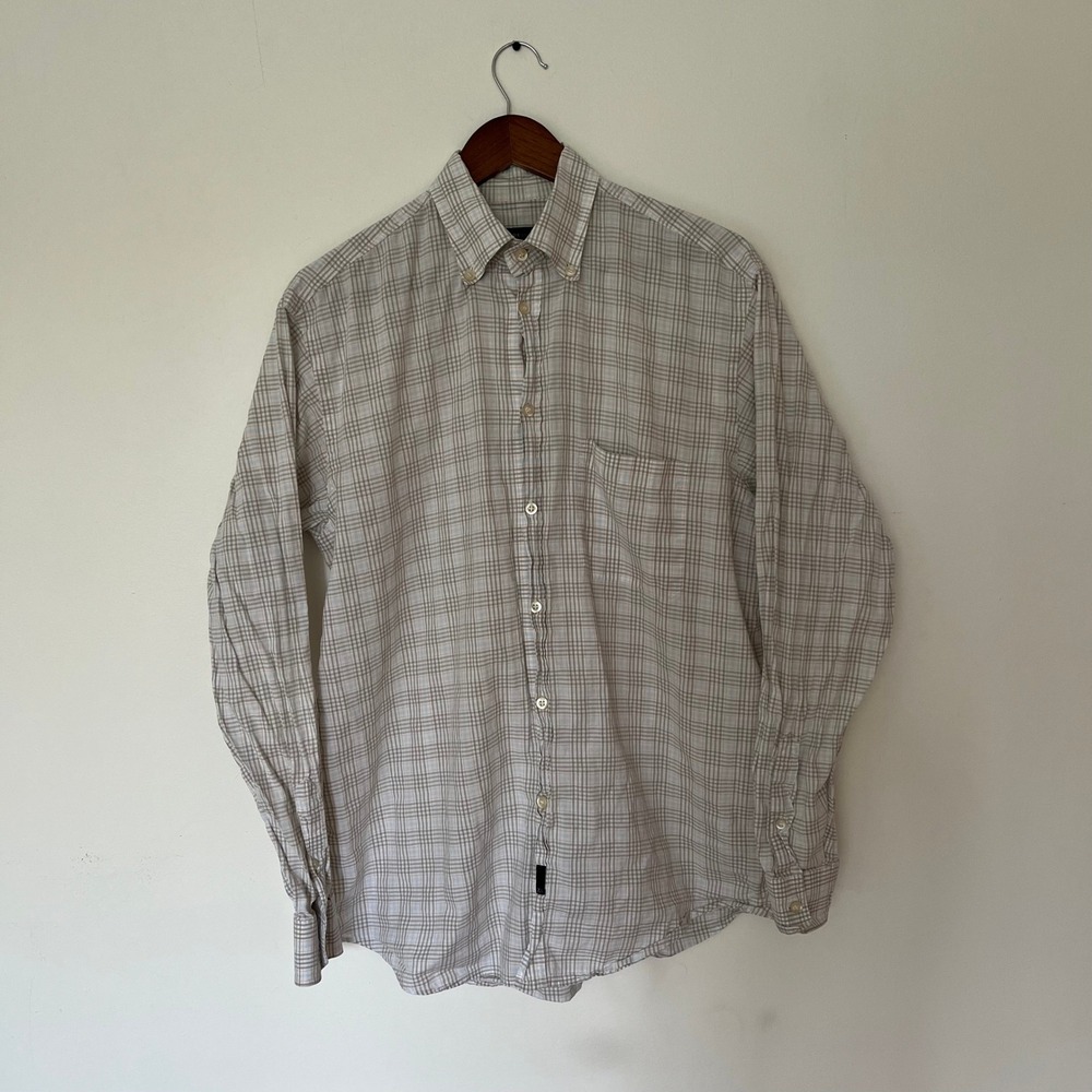 Zegna Sport Mens Plaid Button Down Shirt Beige Gray Long Sleeve Size L